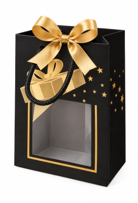 NIEUW Kersttasje Venster Zwart Gold Present Stars 11.5x6.4x14.6cm 24stuks