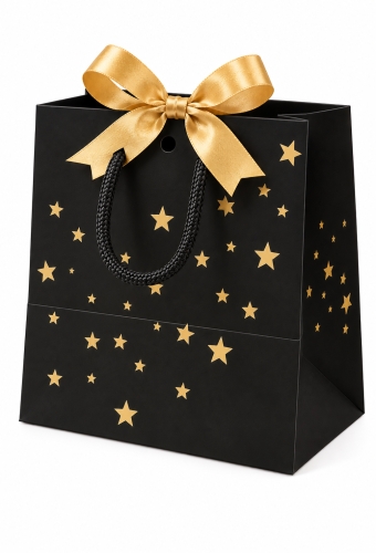 NIEUW Kersttasje Venster Zwart Gold Present Stars 11.5x6.4x14.6cm 24stuks