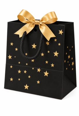 NIEUW Kersttasje Venster Zwart Gold Present Stars 11.5x6.4x14.6cm 24stuks