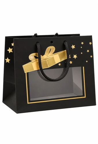 NIEUW Kersttasje Venster Zwart Gold Present Stars 24x14x19.5cm 12stuks 
