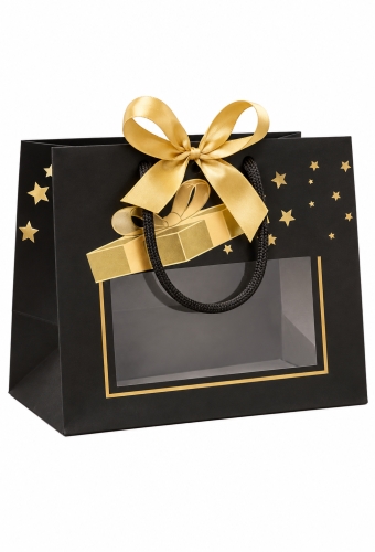NIEUW Kersttasje Venster Zwart Gold Present Stars 24x14x19.5cm 12stuks 