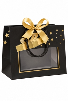 NIEUW Kersttasje Venster Zwart Gold Present Stars 24x14x19.5cm 12stuks 