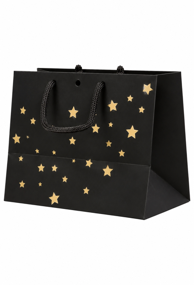 NIEUW Kersttasje Venster Zwart Gold Present Stars 24x14x19.5cm 12stuks 