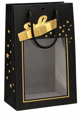 NIEUW Kersttasje Venster Zwart Gold Present Stars 25x13x33cm 10stuks