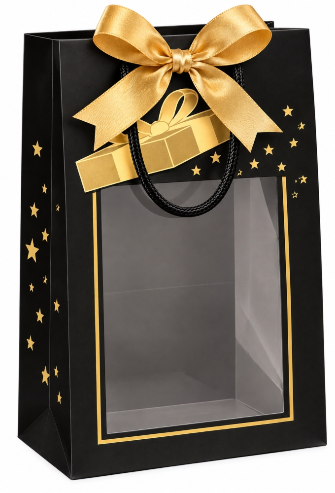 NIEUW Kersttasje Venster Zwart Gold Present Stars 25x13x33cm 10stuks