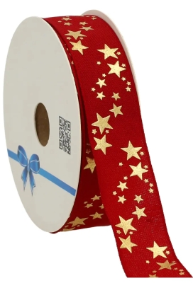 Kerstlint Naturel Stars Bordeaux 25mm x 20meter