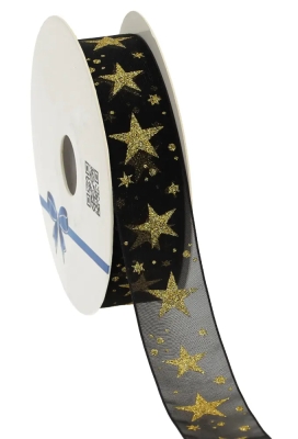 Kerstlint Organza Stars Zwart 25mm x 20meter