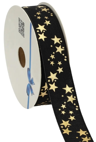 Kerstlint Naturel Stars Zwart 25mm x 20meter