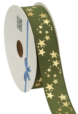 Kerstlint Naturel Stars donker Groen 25mm x 20meter