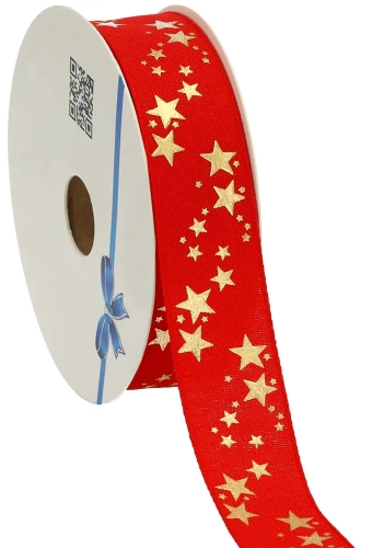 Kerstlint Naturel Stars Rood 25mm x 20meter