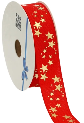 Kerstlint Naturel Stars Rood 25mm x 20meter