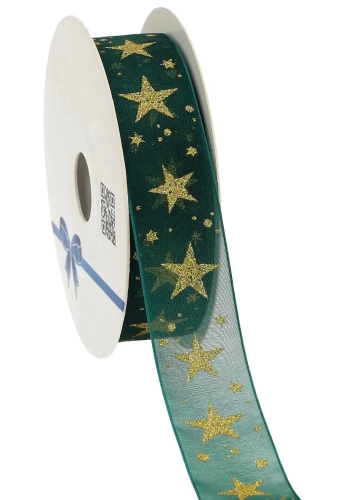 Kerstlint Organza Stars Donker Groen 25mm x 20meter