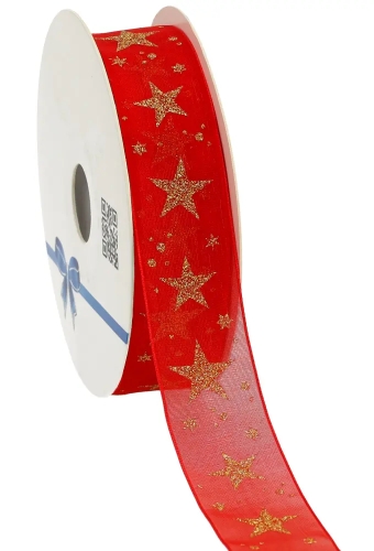 Kerstlint Organza Stars Rood 25mm x 20meter