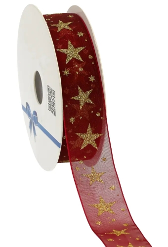 Kerstlint Organza Stars Bordeaux 25mm x 20meter