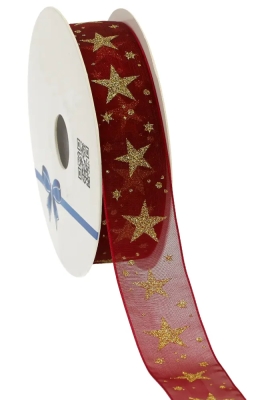 Kerstlint Organza Stars Bordeaux 25mm x 20meter