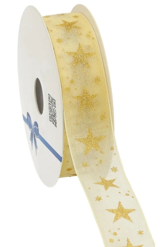 Kerstlint Organza Stars Ivoor 25mm x 20meter