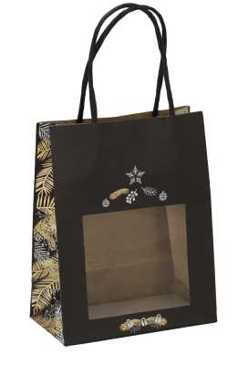 Kersttasjes Xmas Tree Black & handgreep & Venster 11.4x6.4x14.6cm 20st