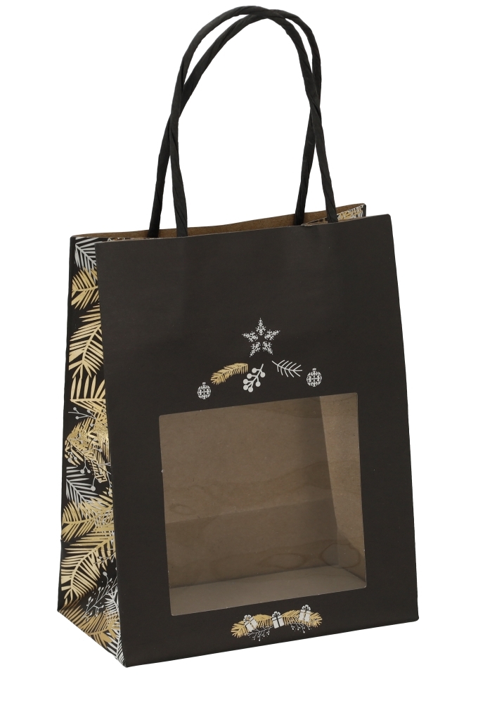 Kersttasjes Xmas Tree Black & handgreep & Venster 11.4x6.4x14.6cm 20st