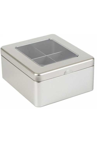 Blikken Blanco  Thee met Venster & 4 vakjes 15.5x13.5x7cm 12stuks