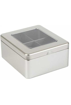 Blikken Blanco  Thee met Venster & 4 vakjes 15.5x13.5x7cm 12stuks