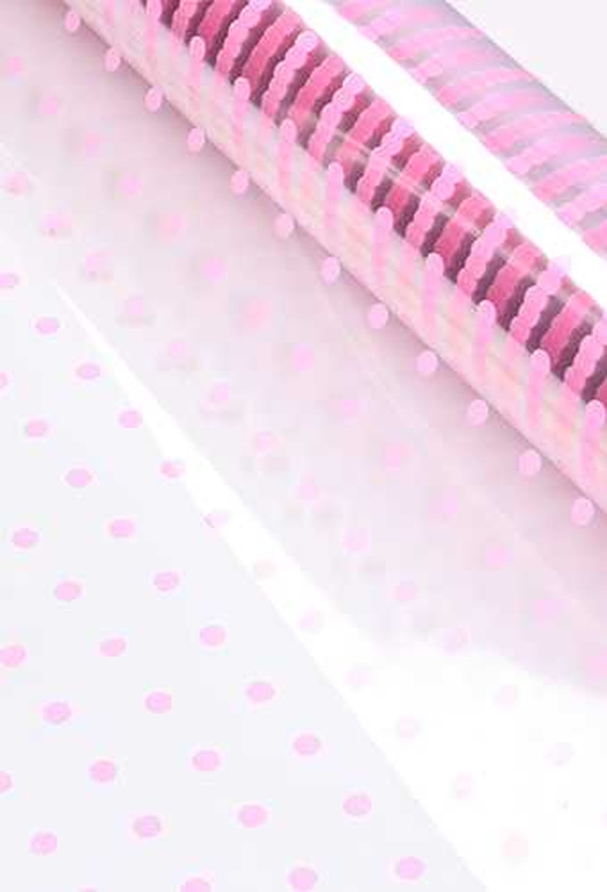 Cadeaufolie Transparant Roze Dots 70cm x 50meter 35my