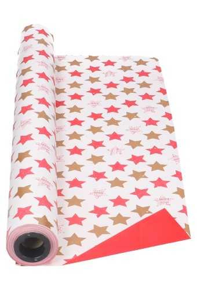 Cadeaufolie Wit Dubbelzijdig Rood Xmas Stars Rood & Goud 70 x 50meter
