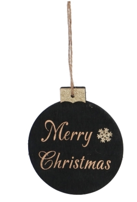 Decoratie Hanger Houten Kerstbal Merry Christmas Black 9cm 1stuks