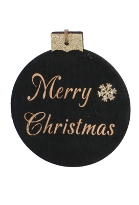 Decoratie Hanger Houten Kerstbal Merry Christmas Black 9cm 1stuks