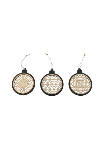 Decoratie Hanger Houten Kerstbal Zwart Naturel Goud & Koord 10cm 3st