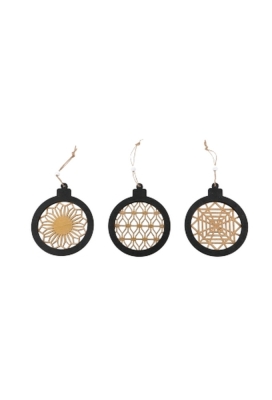 Decoratie Hanger Houten Kerstbal Zwart Naturel Goud & Koord 10cm 3st