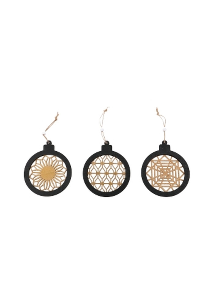 Decoratie Hanger Houten Kerstbal Zwart Naturel Goud & Koord 10cm 3st