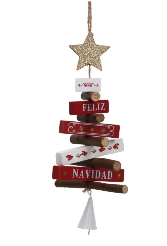 Decoratie Hanger Houten Merry Christmas Tree and Bells 12x22cm 1st