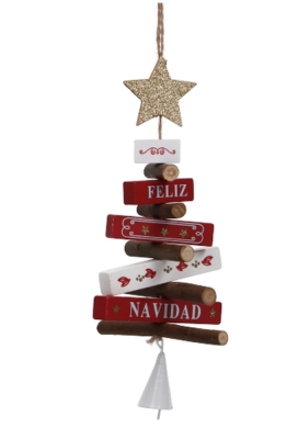 Decoratie Hanger Houten Merry Christmas Tree and Bells 12x22cm 1st