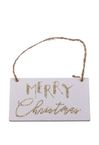 Decoratie Hanger Houten Merry Christmas Wit & Koord 7.9x4.3cm 2 stuks