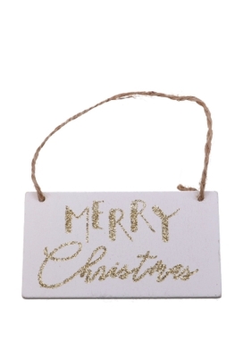 Decoratie Hanger Houten Merry Christmas Wit & Koord 7.9x4.3cm 2 stuks