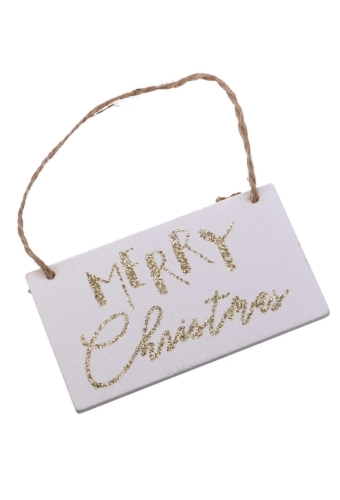 Decoratie Hanger Houten Merry Christmas Wit & Koord 7.9x4.3cm 2 stuks