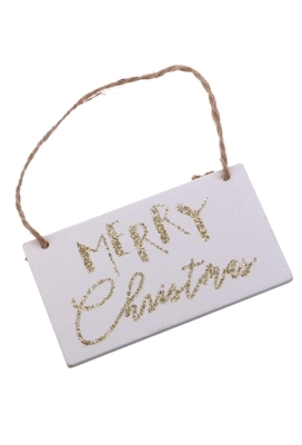 Decoratie Hanger Houten Merry Christmas Wit & Koord 7.9x4.3cm 2 stuks