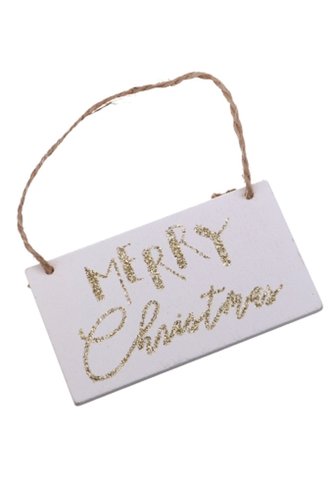 Decoratie Hanger Houten Merry Christmas Wit & Koord 7.9x4.3cm 2 stuks