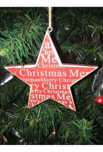 Decoratie Hanger Houten Red Star Christmas Koord 13cm 1stuks OP IS OP