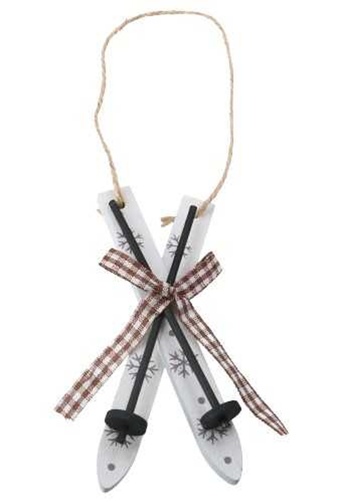 Decoratie Hanger Houten Skisetje Wit & Lint 4x10cm 1stuks