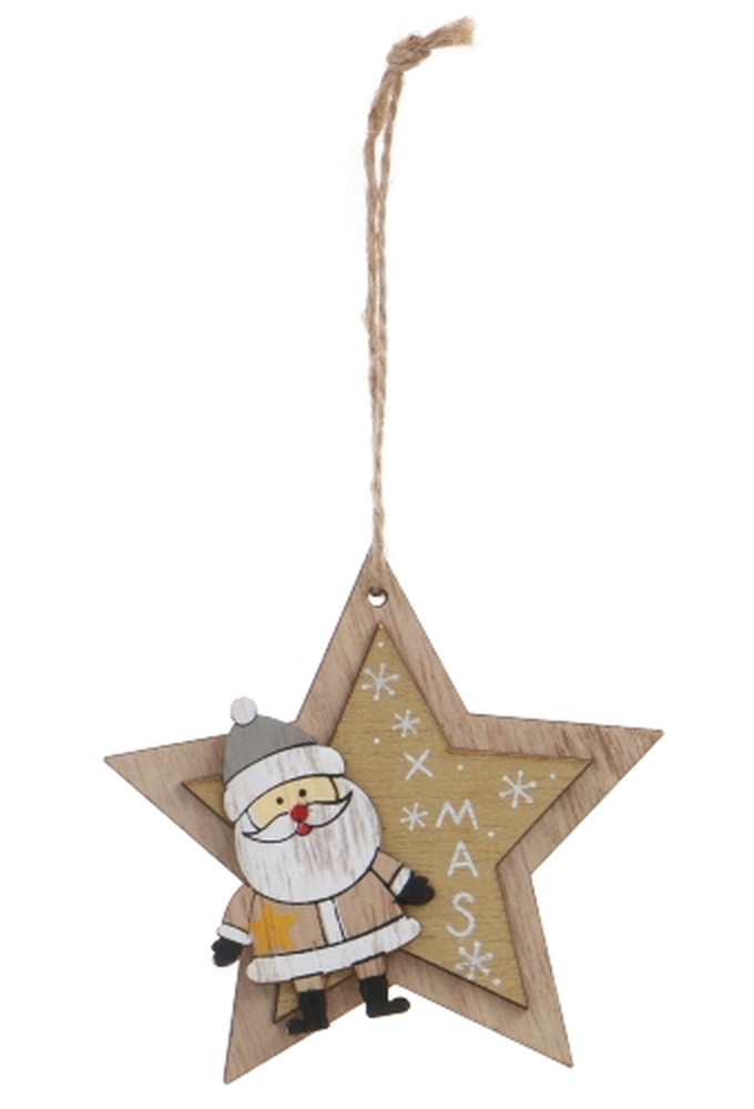 Decoratie Hanger Houten Star and Santa Xmas Gold & Koord 9.5cm 1 stuks