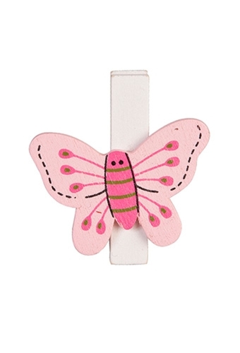 Houten Decoratie Vlinder Fuchsia En Wit Met Knijper 3cm 8stuks