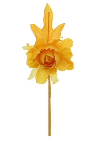 Kado Decoratie Kamelia Bloem & Blad Geel IJzerdraad 5x13cm 12stuks