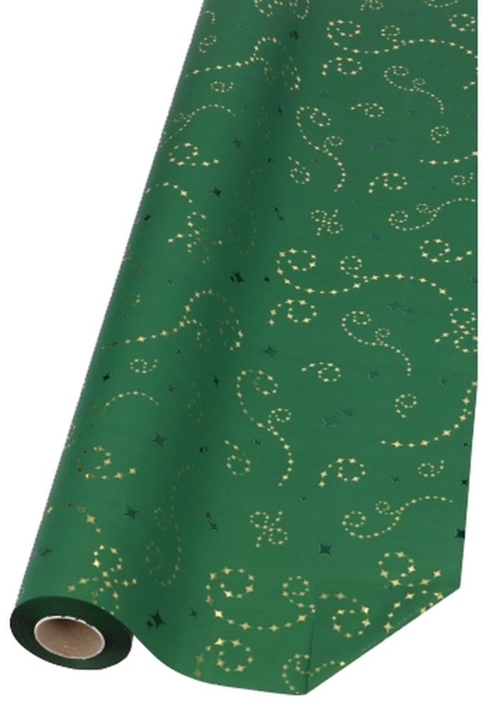 Kerstfolie Dubbelzijdig Groen Mat Stars Rain Gold 70x50meter