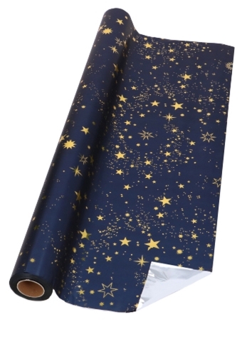 Kerstfolie  Dubbelzijdig Metallic Blauw Sterren Gold 70x50meter