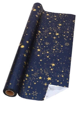 Kerstfolie  Dubbelzijdig Metallic Blauw Sterren Gold 70x50meter