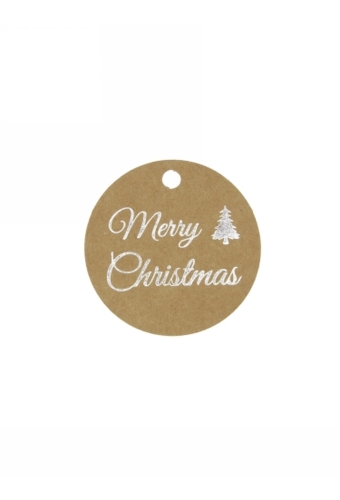 Kadokaartje Merry Christmas Kraft & Zilver 5cm Naturel Blanco 50stuks