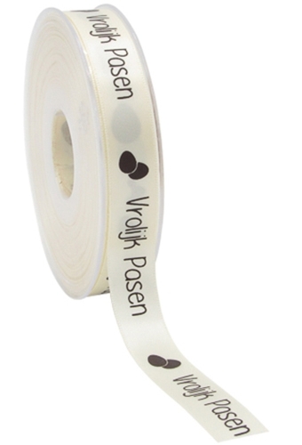 Kadolint Pasen Satijn Creme Vrolijk Pasen Eitjes Bruin 15mm x 25meter
