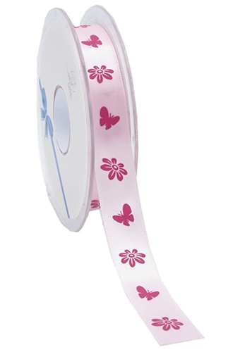 Kadolint Satijn Roze Bloemetjes en Vlinder Fuchsia 15mm x 25meter
