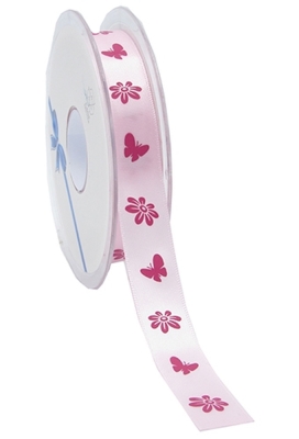 Kadolint Satijn Roze Bloemetjes en Vlinder Fuchsia 15mm x 25meter